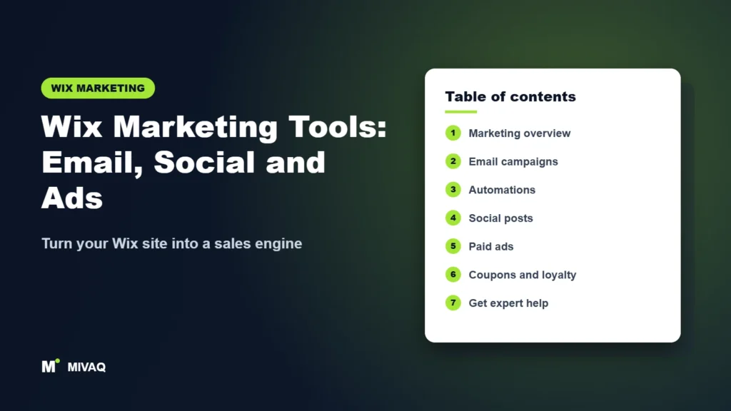 Wix Marketing Tools: Email, Social and Ads – MIVAQ Wix guide cover