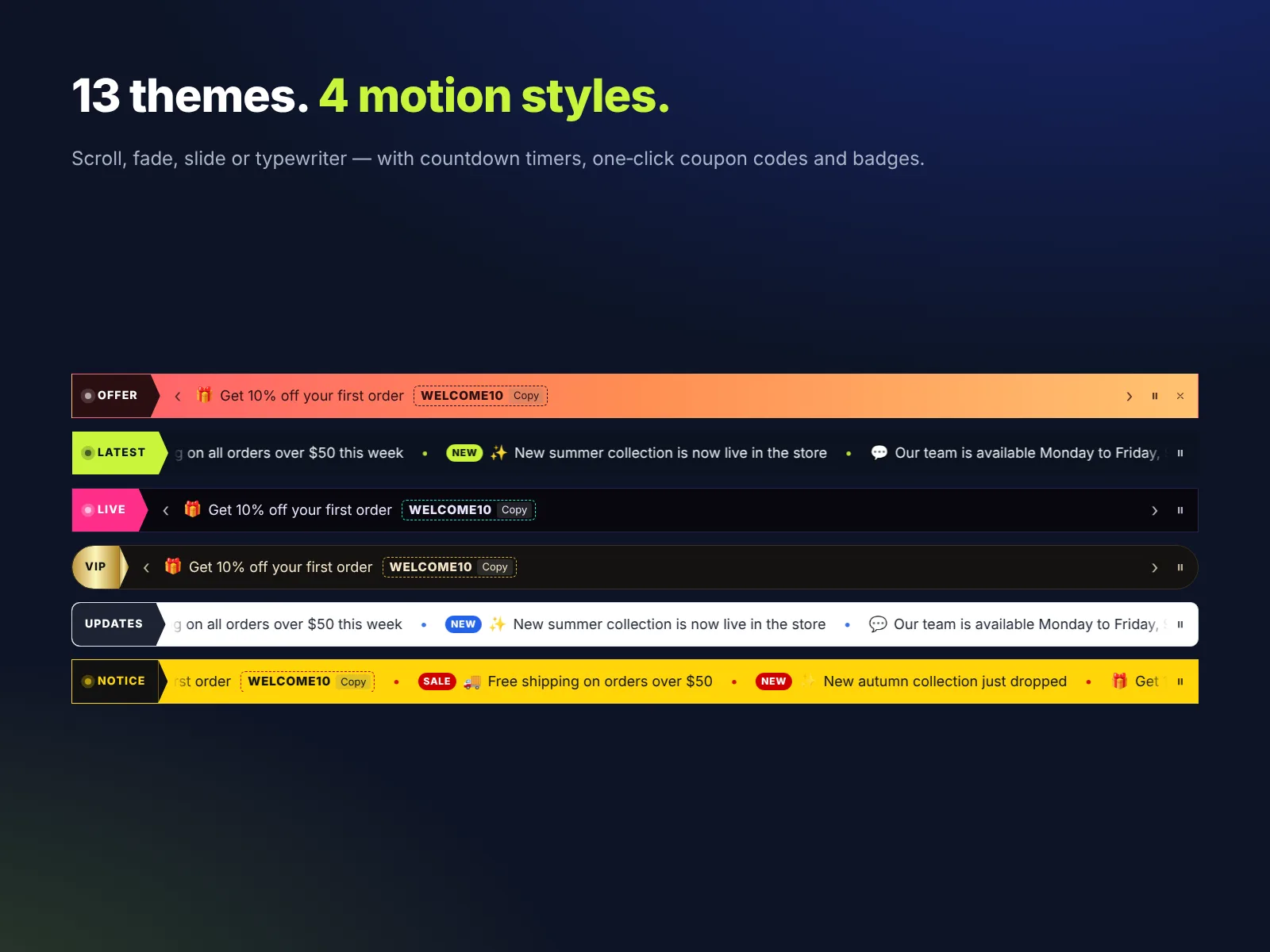 TickerFlow themes and motion styles for a Wix announcement bar