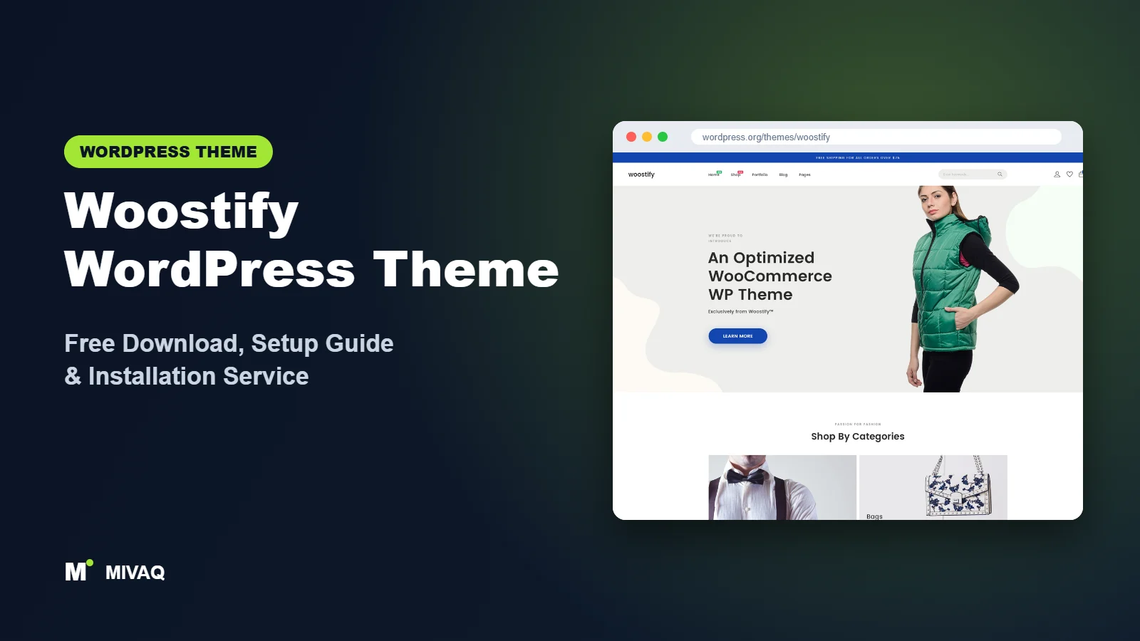 Woostify WordPress theme free download and setup guide cover, MIVAQ