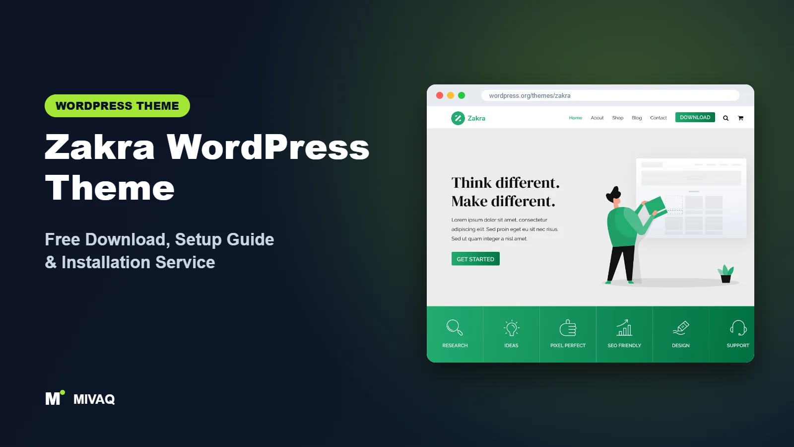 Zakra WordPress theme free download and setup guide cover, MIVAQ